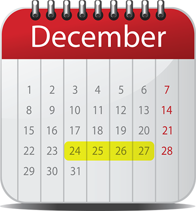 December calendar icon showing dates closed (Dec 24-27)