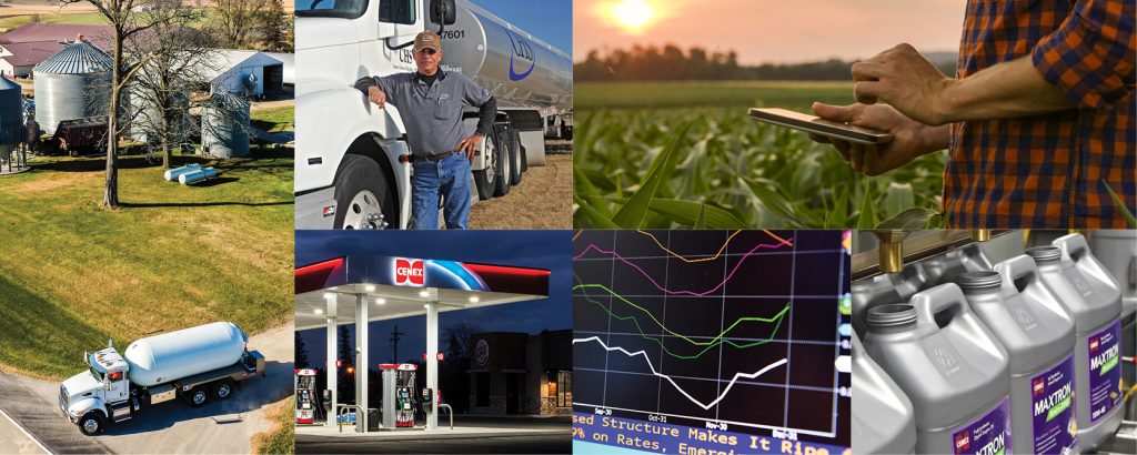 Grid of CHS energy photos featuring lubricants, propane, refined fuels, the Cenex brand and more.