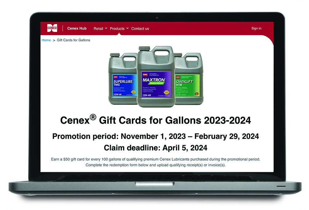 Lap top screen showing Cenex Gift Cards for Gallons home page.