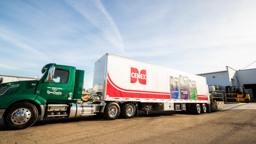 Cenex truck at a loading dock with images of lubricants on the trailer